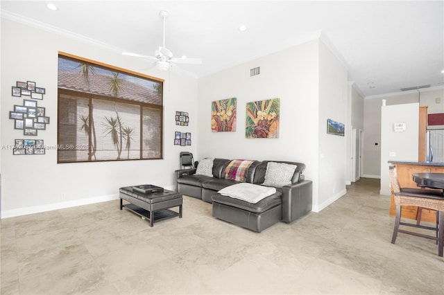 living room with visible vents, baseboards, ceiling fan, ornamental molding, and recessed lighting