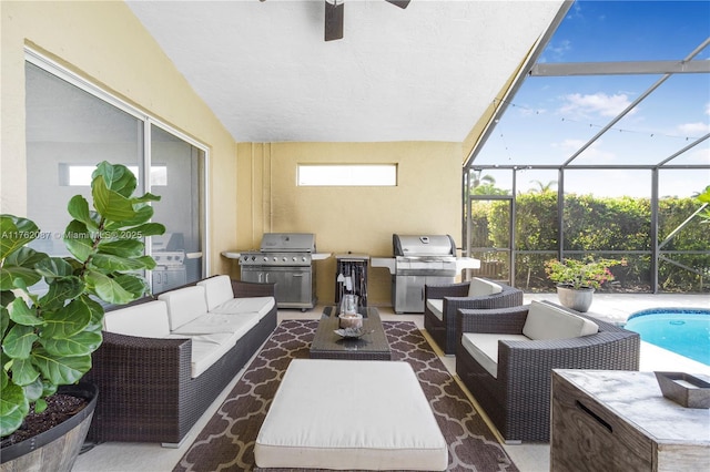 view of patio / terrace featuring an outdoor pool, a grill, a lanai, and outdoor lounge area