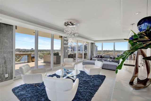 tiled living area with expansive windows