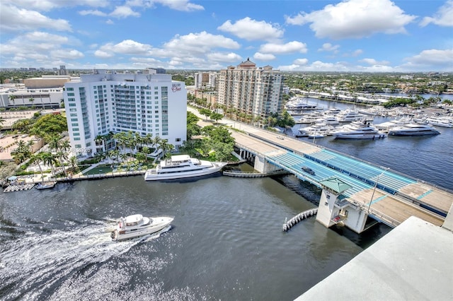 bird's eye view featuring a city view and a water view