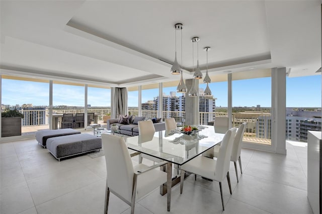 dining room featuring a tray ceiling, a city view, and expansive windows