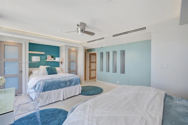 bedroom featuring recessed lighting, visible vents, and ceiling fan