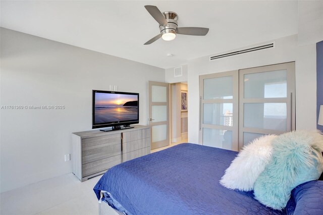bedroom featuring visible vents and ceiling fan