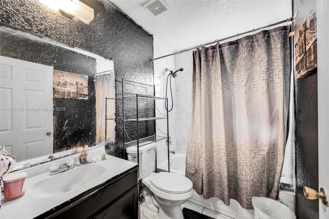 bathroom with visible vents, toilet, shower / tub combo with curtain, a textured ceiling, and vanity