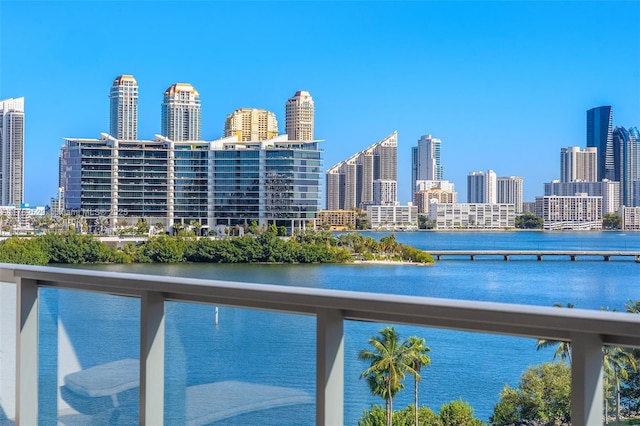 view of water feature with a city view