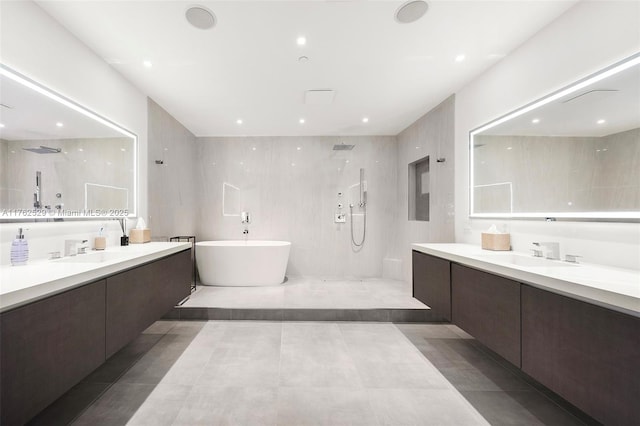 bathroom featuring a walk in shower, a freestanding bath, two vanities, and a sink