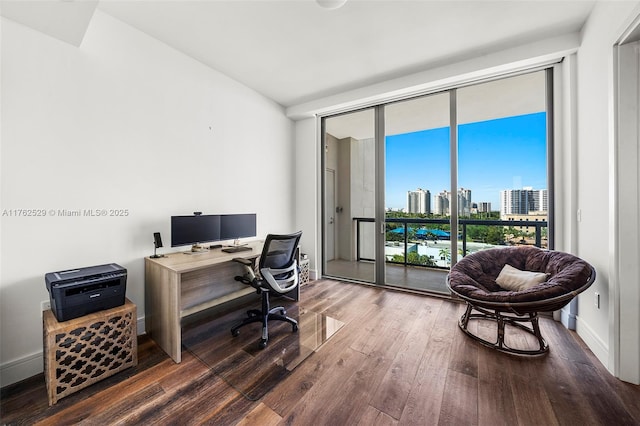 home office featuring floor to ceiling windows, baseboards, and hardwood / wood-style flooring