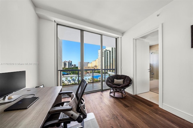 home office with a view of city, wood finished floors, and baseboards