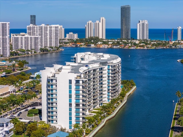 bird's eye view with a city view and a water view