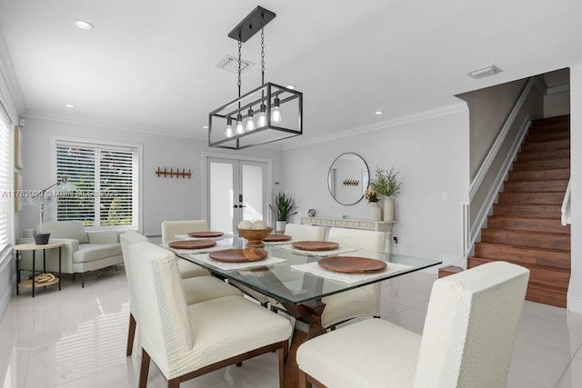 dining space featuring visible vents, recessed lighting, french doors, crown molding, and stairs