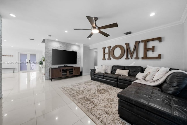 living area with recessed lighting, french doors, crown molding, and ceiling fan