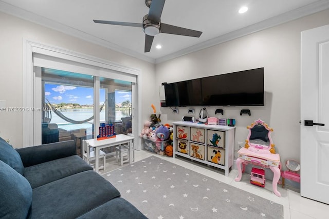 tiled living area featuring recessed lighting, a ceiling fan, and ornamental molding