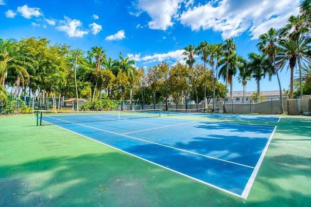 view of tennis court featuring fence