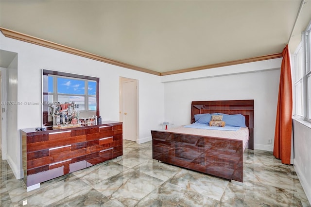 bedroom featuring marble finish floor, baseboards, and ornamental molding