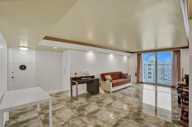 living area with marble finish floor