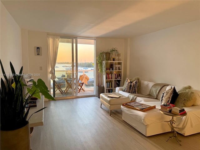 living area with wood finished floors and floor to ceiling windows