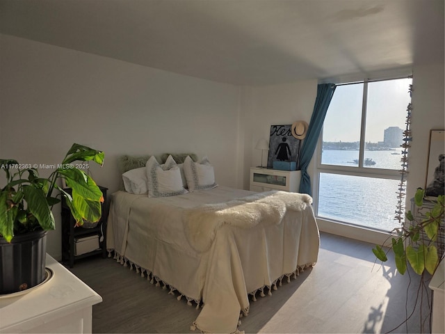 bedroom with a baseboard heating unit, a water view, and wood finished floors