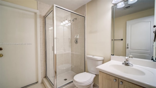 full bath with vanity, a shower stall, toilet, and visible vents