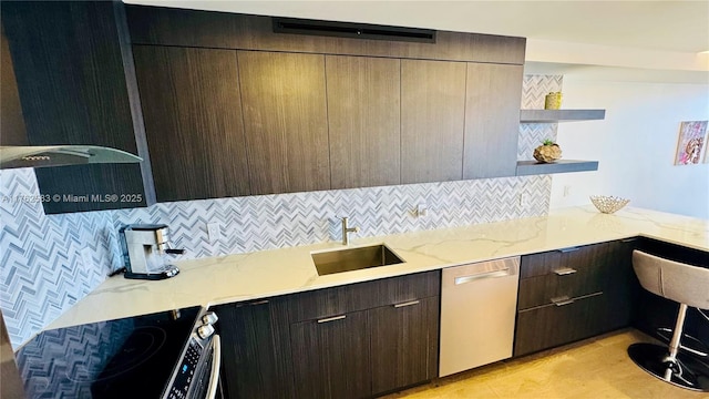 kitchen featuring a sink, dishwasher, electric range oven, modern cabinets, and open shelves