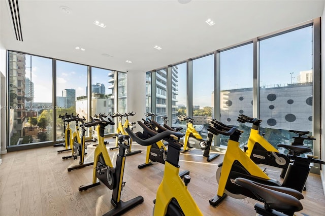 workout area featuring a wall of windows, a view of city, and wood finished floors