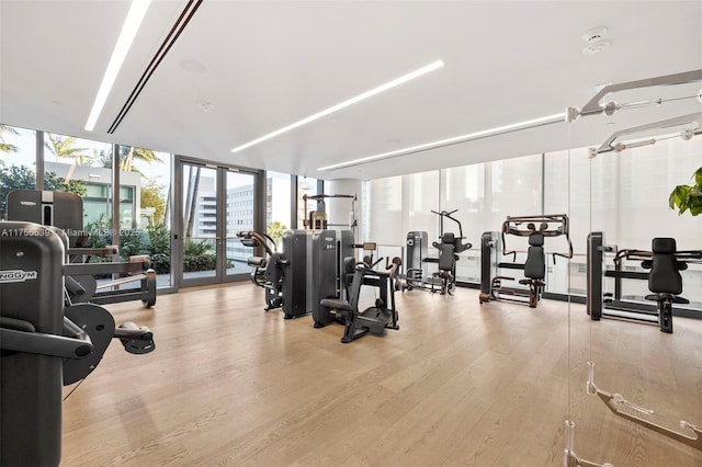 gym with a wall of windows and wood finished floors