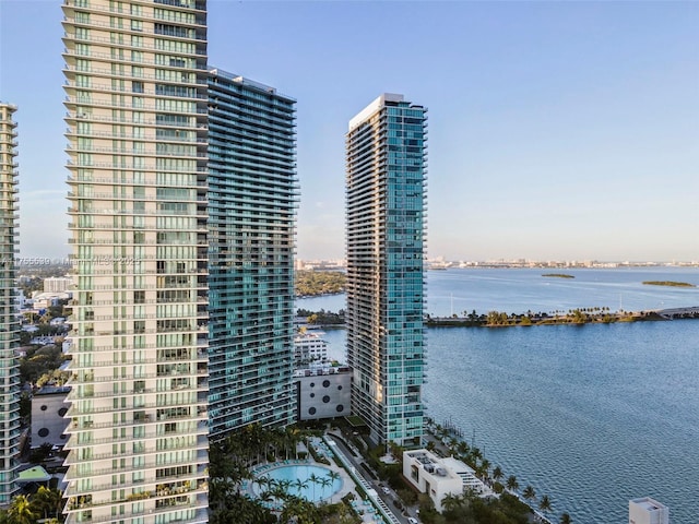 property's view of city featuring a water view