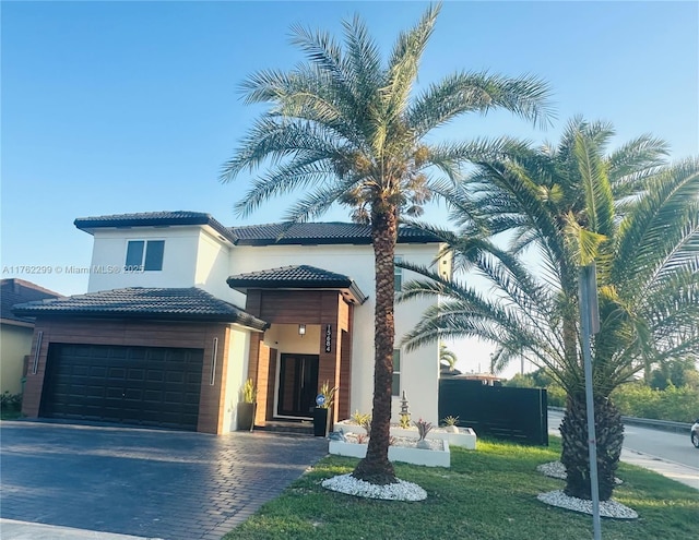 view of front of home featuring stucco siding, driveway, and a tile roof