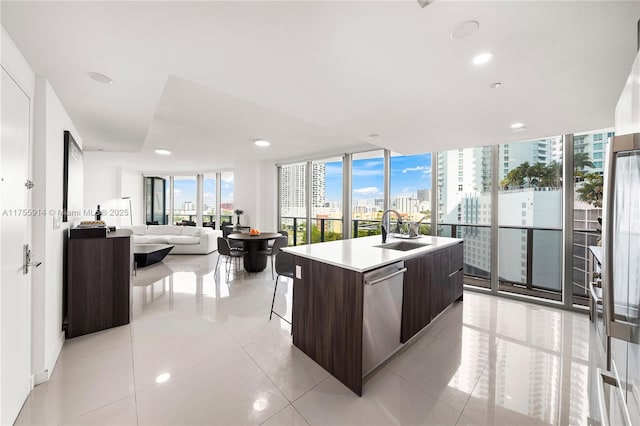 kitchen with a city view, a sink, dark brown cabinetry, stainless steel dishwasher, and modern cabinets