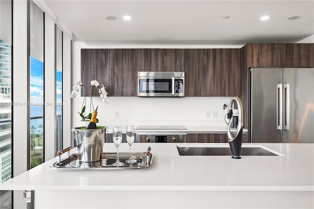 kitchen with a sink, dark brown cabinetry, modern cabinets, and stainless steel appliances