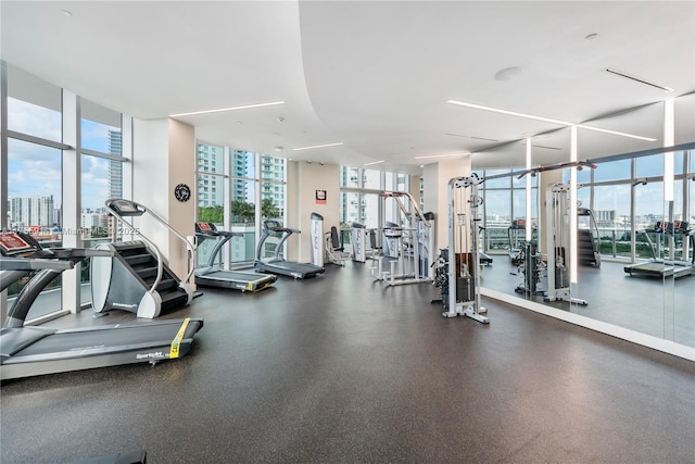 workout area featuring floor to ceiling windows, a view of city, and a healthy amount of sunlight