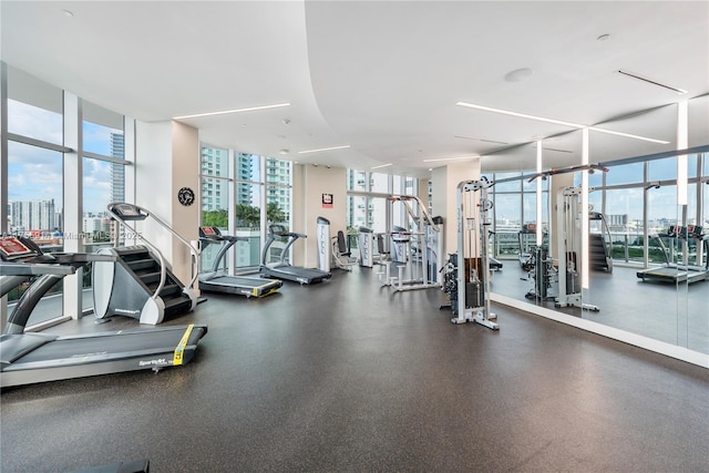 488 NE 18th St Unit 917, Miami, FL 33132 - workout area featuring a view of city and a wall of windows