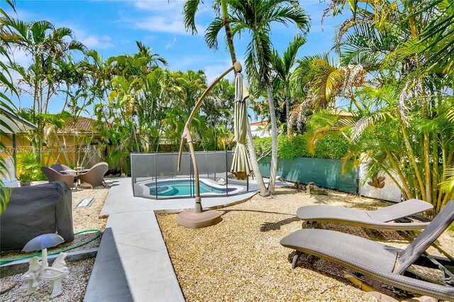 view of pool with a patio, a fenced backyard, and a fenced in pool