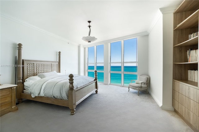 bedroom with light colored carpet, crown molding, baseboards, and a water view