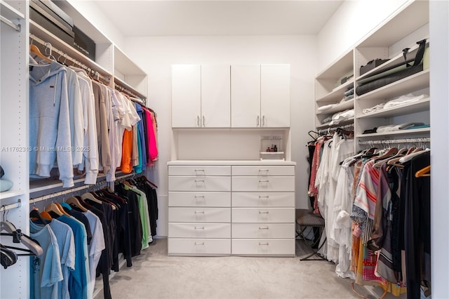 walk in closet with light colored carpet