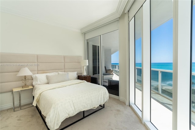 bedroom featuring baseboards, access to exterior, a water view, crown molding, and light colored carpet