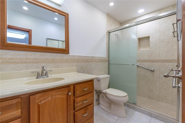 232 NW 58th Ct, Miami, FL 33126 - full bath with vanity, a stall shower, tile patterned flooring, tile walls, and toilet