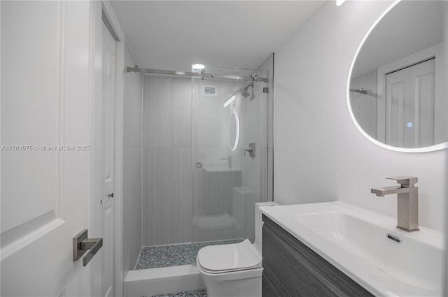 full bathroom with visible vents, vanity, toilet, and a shower stall