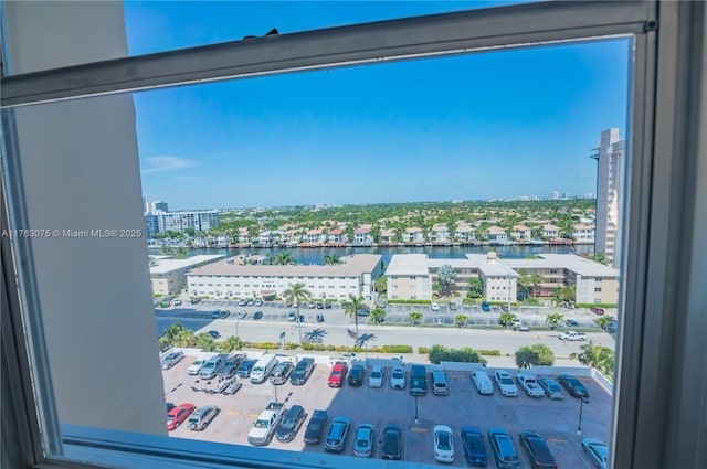 interior space featuring a city view