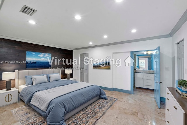 bedroom featuring baseboards, recessed lighting, visible vents, and ornamental molding