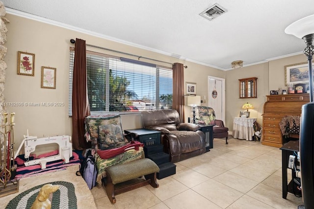 living area with light tile patterned flooring, visible vents, and ornamental molding