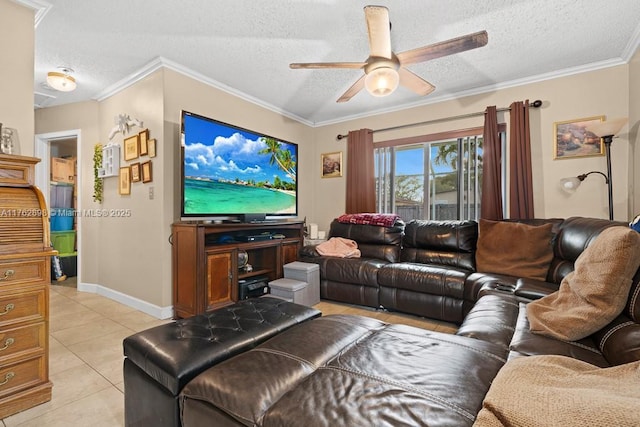 living room featuring light tile patterned floors, a textured ceiling, a ceiling fan, and ornamental molding