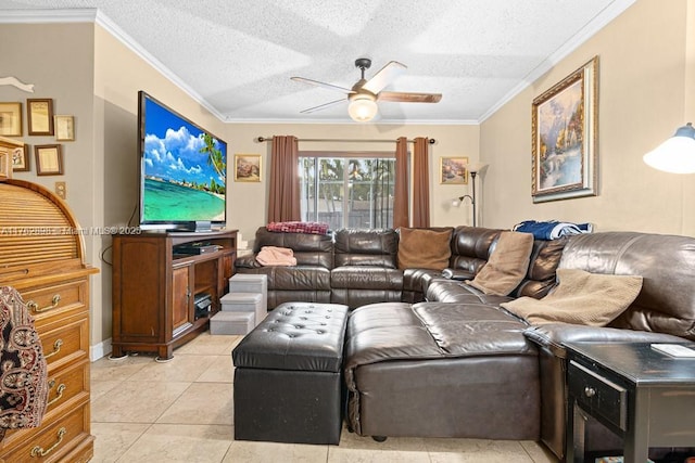 living room with a textured ceiling, crown molding, light tile patterned flooring, and ceiling fan