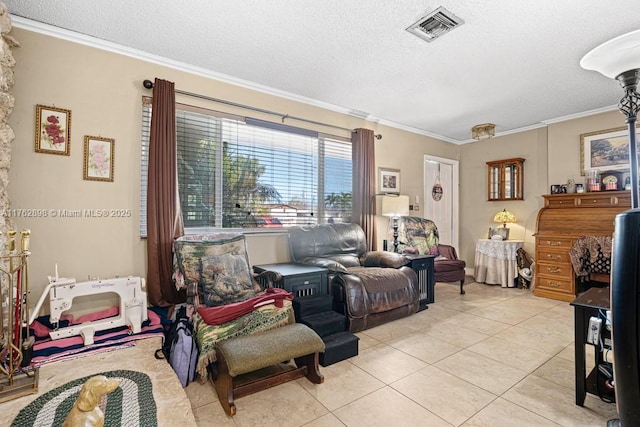 living area with light tile patterned floors, visible vents, a textured ceiling, and crown molding