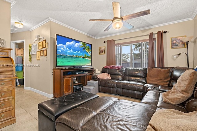 living room featuring light tile patterned floors, a textured ceiling, crown molding, and a ceiling fan