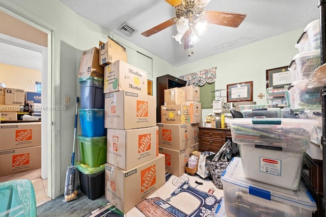 storage featuring visible vents and a ceiling fan