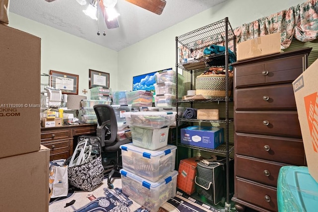 storage room with a ceiling fan