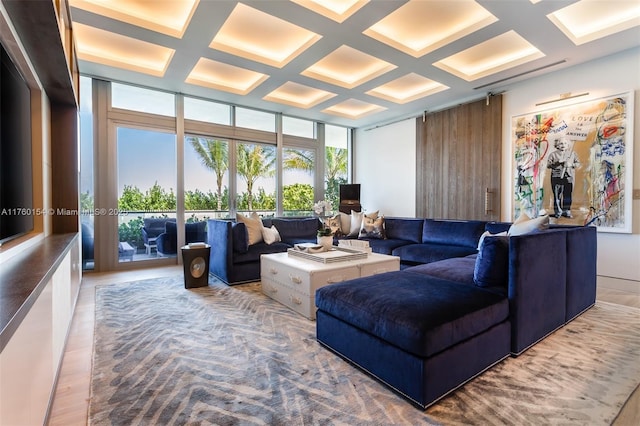 living area featuring beam ceiling, floor to ceiling windows, wood finished floors, and coffered ceiling