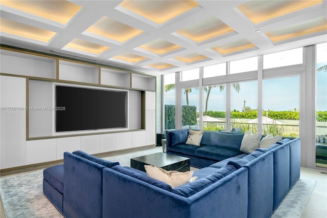 living room featuring beamed ceiling and coffered ceiling