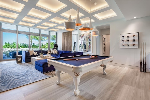 rec room featuring beam ceiling, coffered ceiling, billiards, and baseboards