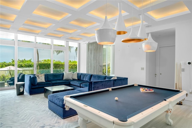 rec room featuring beamed ceiling, coffered ceiling, pool table, and expansive windows